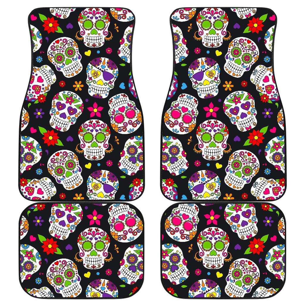 Sugar Skull Pattern Print Front And Back Car Floor Mats, Front Car Mat