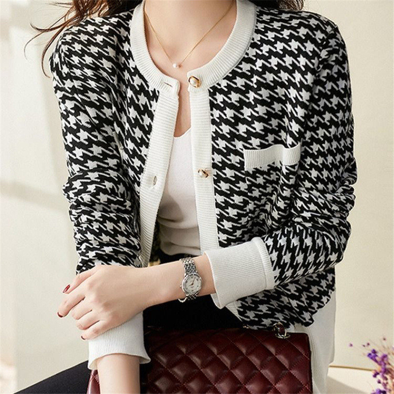 Autumn Winter Korean Fashion Retro Chic Elegant Houndstooth Knitted Cardigan Women Long Sleeve Ladies Sweater Jacket Tops Jumper alx