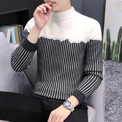 2022 Fall Winter Men Striped Contrast Color Fit Thermal Sweater Teenagers Crew Neck Casual Sweater alx