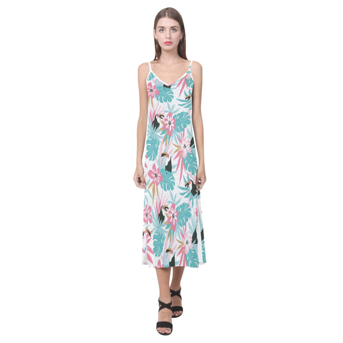 Toucan tropical flower leave pattern V-Neck Open Fork Long Dress