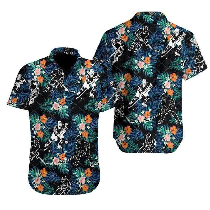 Beach Shirt Get Now Hockey Player Black Tropical Hibiscus Hawaiian Aloha Shirts 2811L