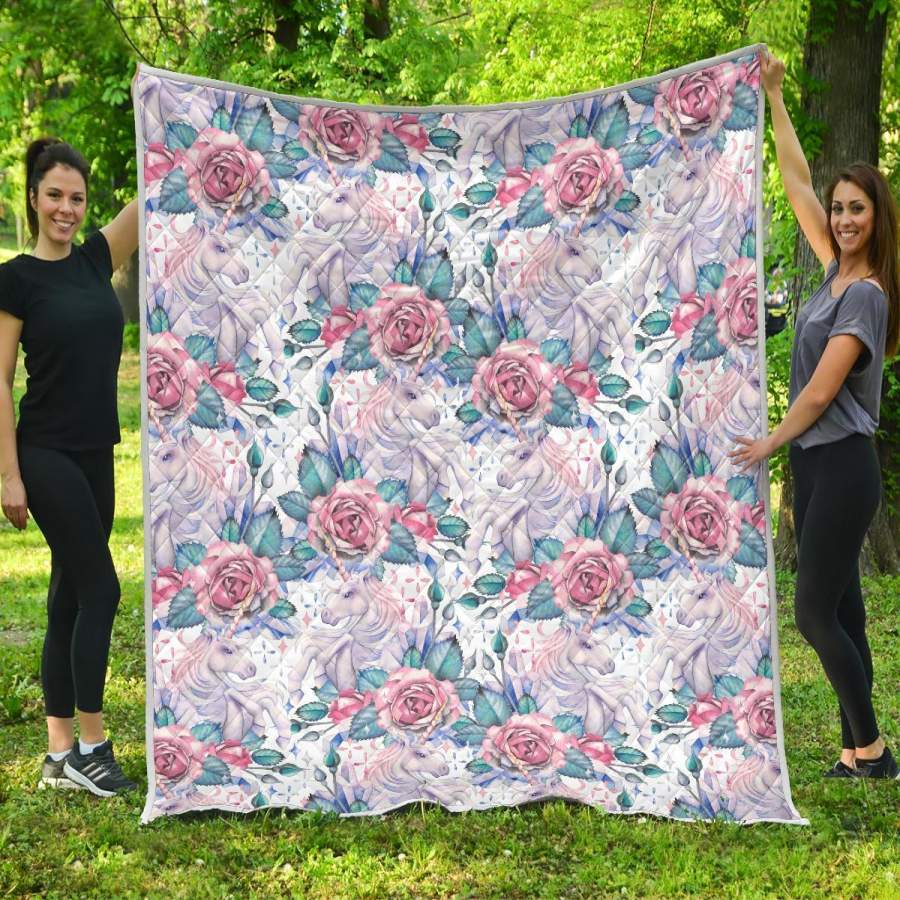 White Fairy Rose Unicorn Pattern Print Quilt