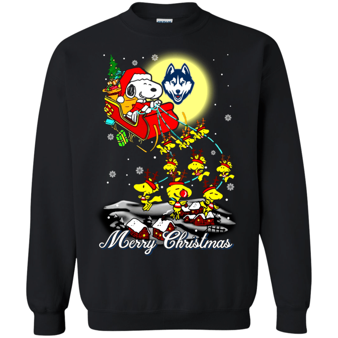 Remarkable Connecticut Huskies Snoopy Ugly Christmas Sweaters Santa Claus With Sleigh Sweatshirts