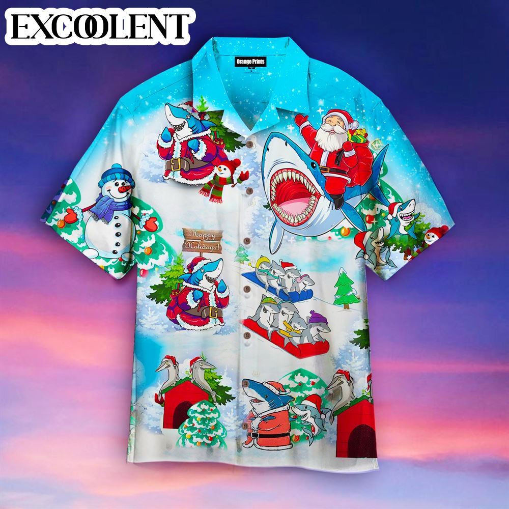 Christmas Shark Hawaiian Shirt  – Funny Hawaiian Shirts – Mens Aloha Shirt