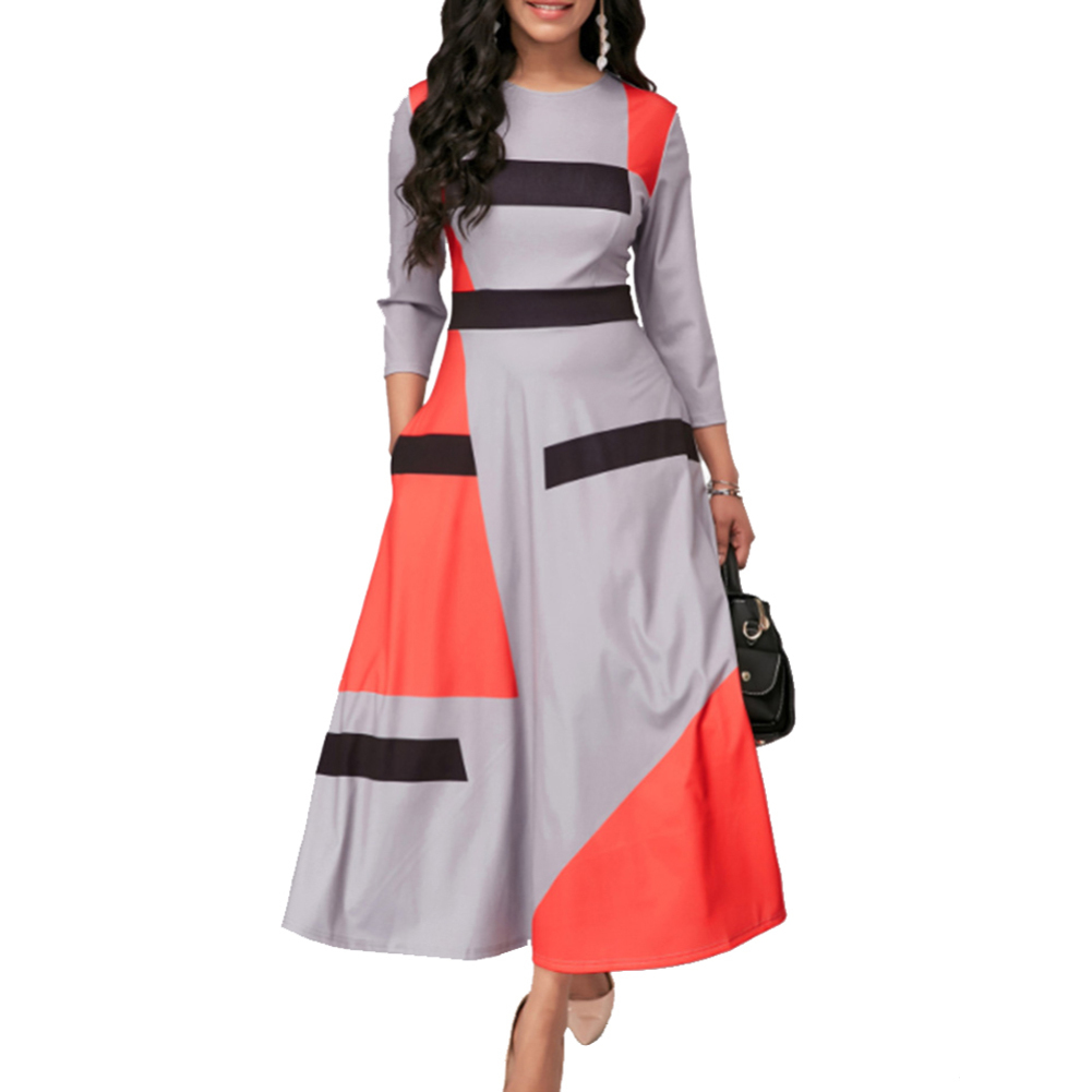 Plus Size 5XL Women Long Sleeve V Neck Color Block High Waist Large Swing Party Maxi Dress alx