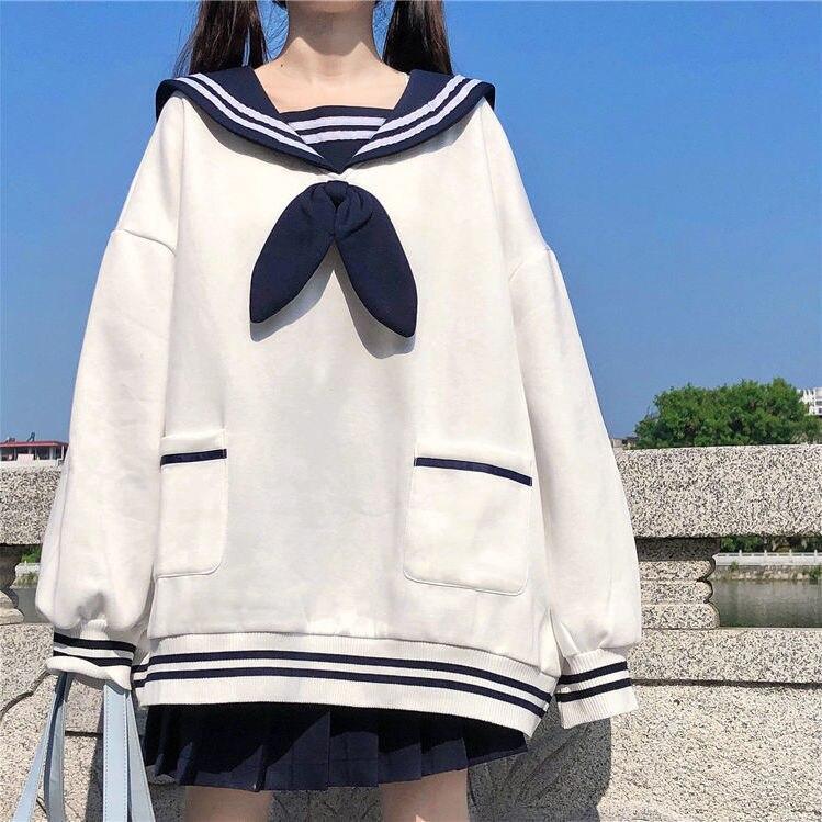 Bunny Ear Rabbit Collared Sailor Neck Tie Bow Hoodies Sweatshirt Fall Kawaii Cute Harajuku y2k Student Aesthetic School Uniform alx