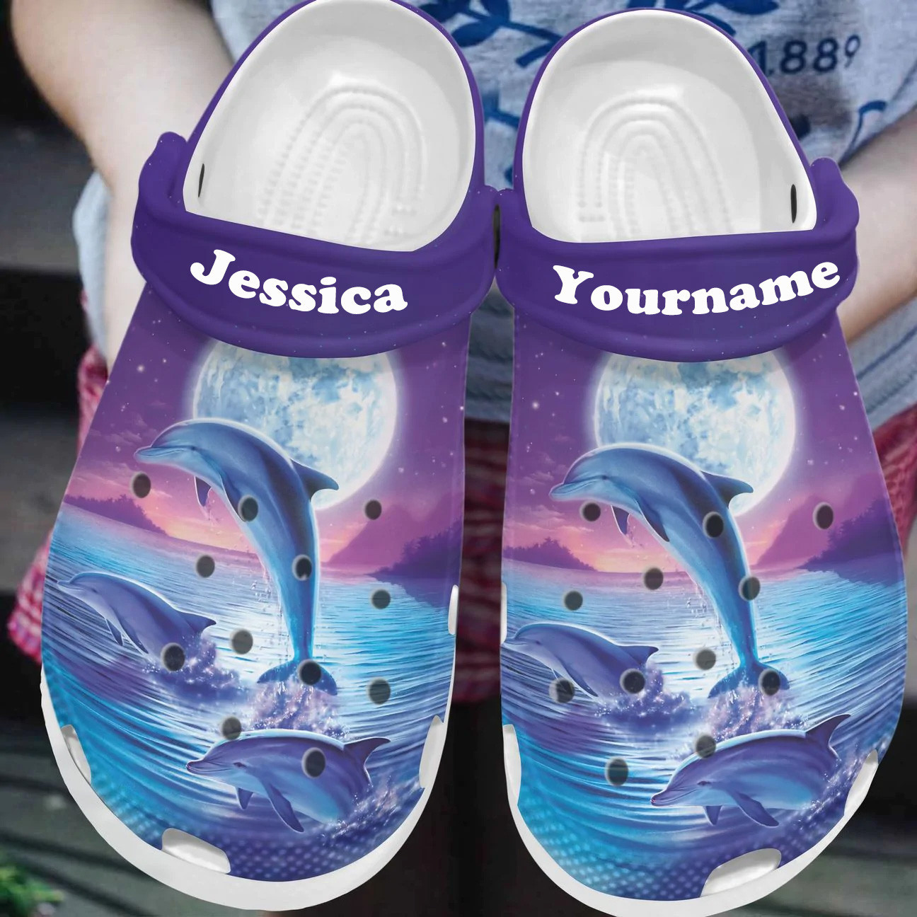 Custom Name Beautiful Dolphins Under The Moon Light Purple Clogs Shoes