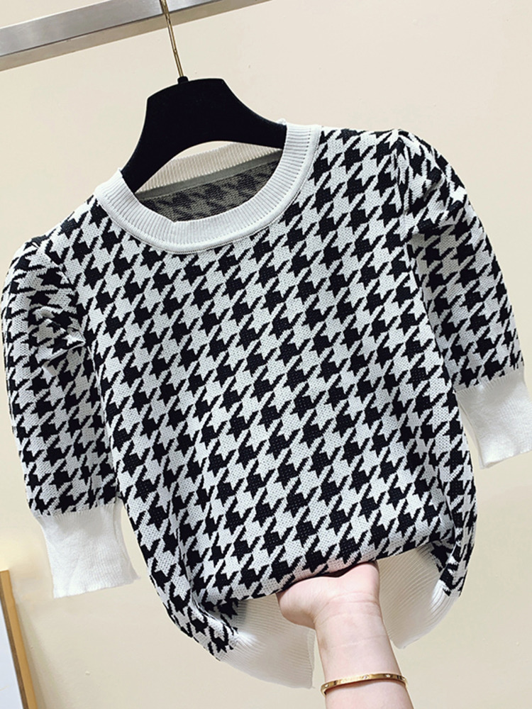 2022 Summer Houndstooth Short Sleeve Sweater Jumpers Women’s Korean Chic Puff Sleeve Round Neck Knitted Crop Tops Knitwear alx