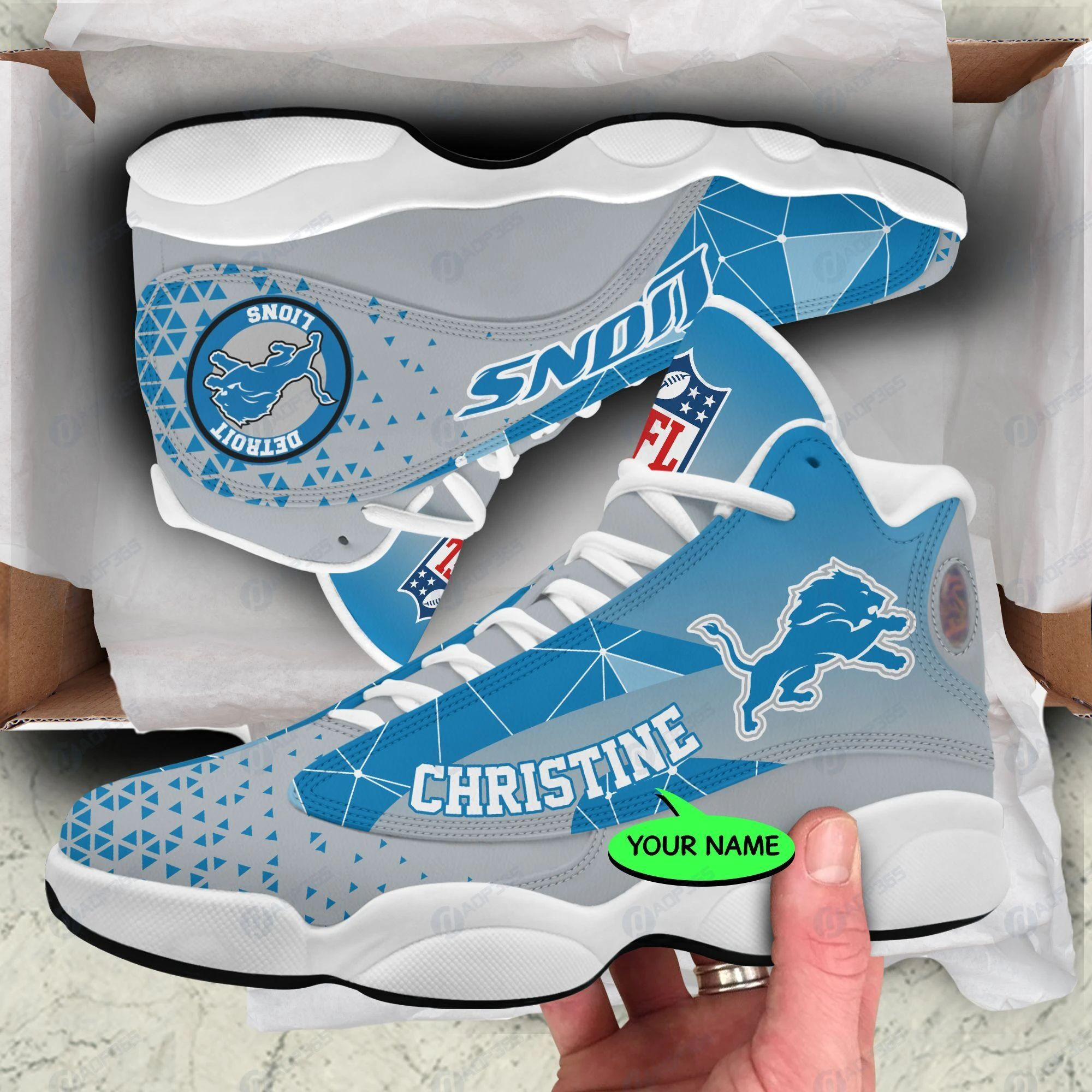 Personalized Detroit Lions Triangle Grey Blue Air Jordan 13 Printing Shoes Sneaker