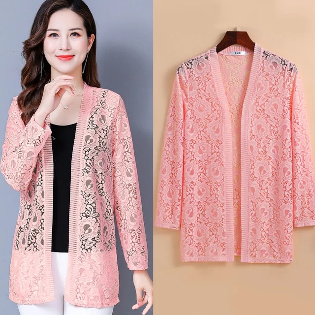 Summer Fashion Solid Color New Loose Casual Women’s Mid-length Lace Cardigan Thin Coat Long-sleeved Sunscreen Women’s Clothing alx