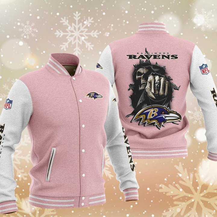 Baltimore Ravens Pink Skull Baseball Jacket