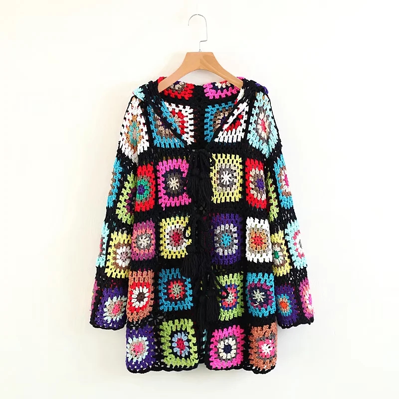 Xitimeao Hand Made Crochet Hooded Long Sweater Coat Women Cardigan Vintage Long Sleeve Female Outerwear Chic Tops alx