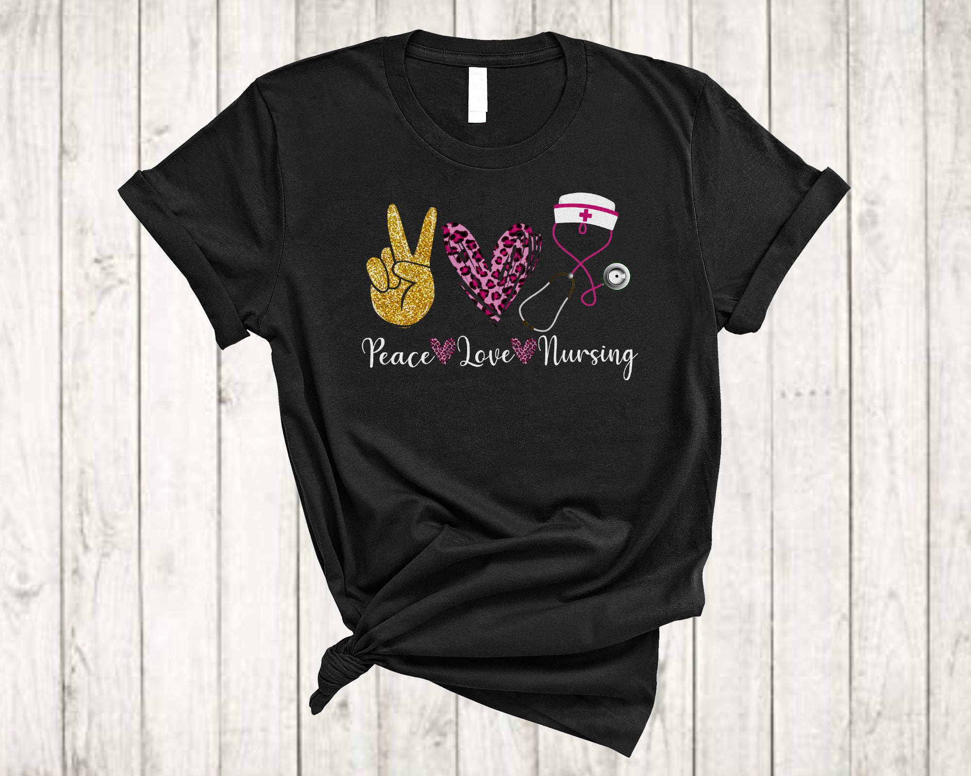 Nurse Shirt Peace Love Nursing Cool Heart Leopard Stethoscope Nurse Proud Gifts T-Shirt