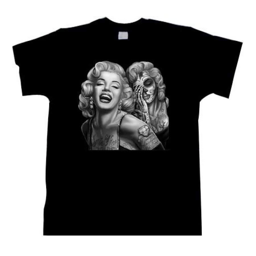 top unisex Mens Womens unisex Marilyn Monroe 2 face zombie sexy star sugar skull tattoo Tee shirt tshirt