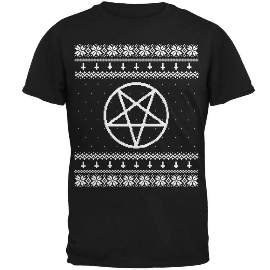 White Satanic Pentagram Ugly Christmas Sweater Black Adult T-Shirt