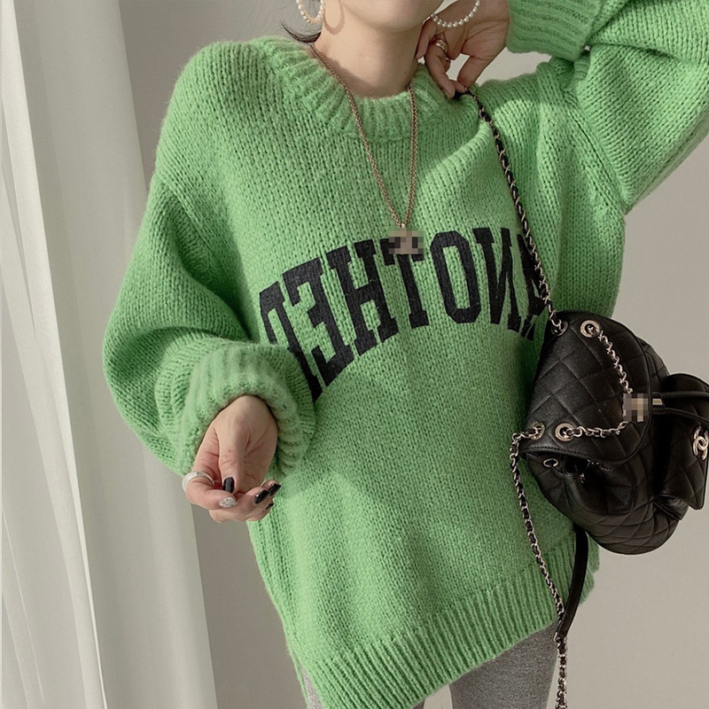 Women Vintage Khaki Knitting Sweater Letter Printing Round Neck Long Sleeves Casual Korean Fashion Baggy Ladies Tops Autumn alx