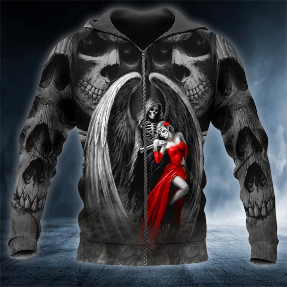 Death The Maiden Reaper And Bride Couple Love Skull 3D All Over Printed Unisex Zip Up Hoodie Us Size