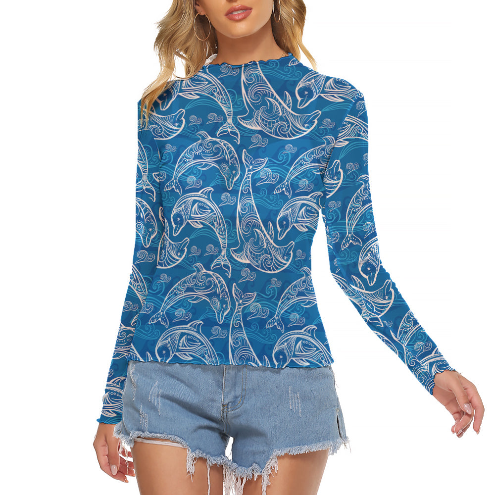 Blue Dolphin Pattern Long Sleeve Mesh T-Shirt