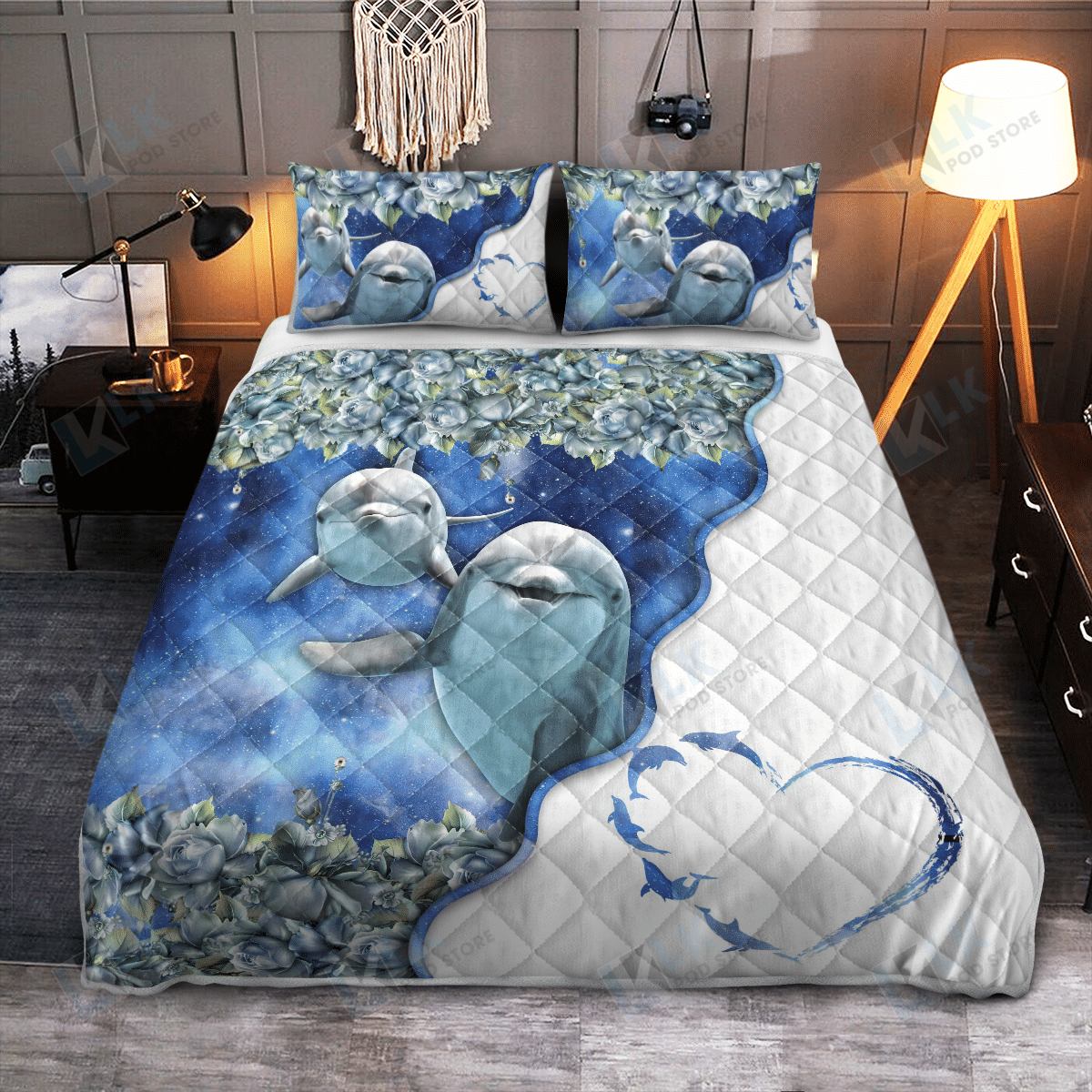 DOLPHIN Quilt Bedding Set Blue Flower Love | Quilt, 2 Pillow covers, Comforter, Bed Sheet Set