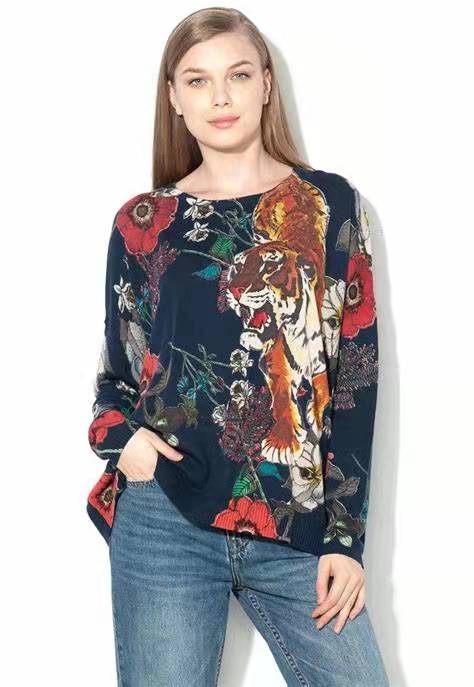 Spain desigual ladies retro loose print beaded sweater long-sleeved sweater round neck top thin section alx