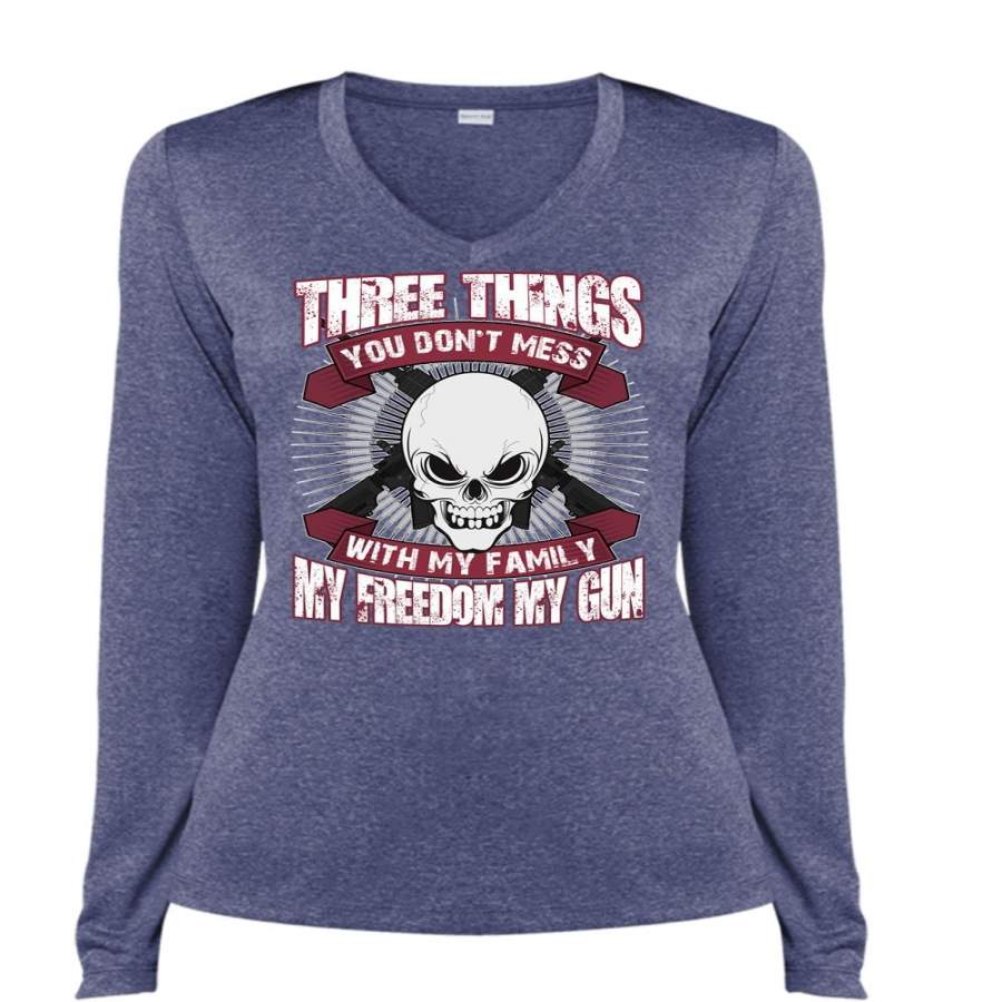 You Don’t Mess With My Family T Shirt, My Freedom My Gun T Shirt, Cool Shirt (Ladies LS Heather V-Neck)