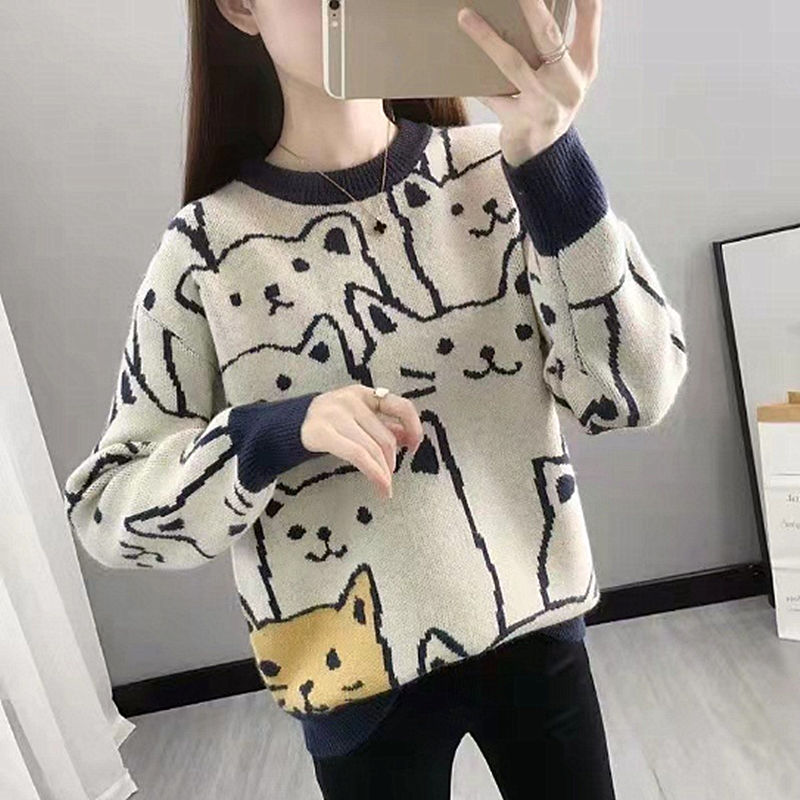 Winter Cotton Women’s Sweater Round Collar Long Sleeve Pullover Knitted Embroidery Loose Fashion Casual Sweater alx