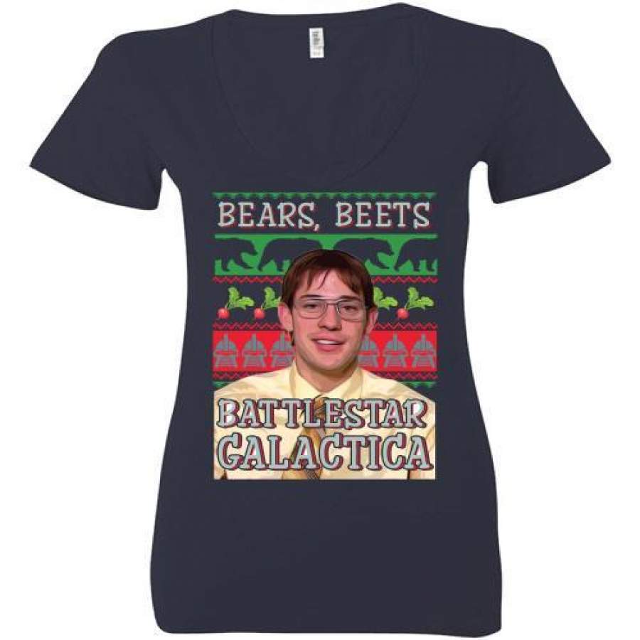 Bears Beets Battlestar Galactica Ugly Christmas Ladies Deep V-Neck