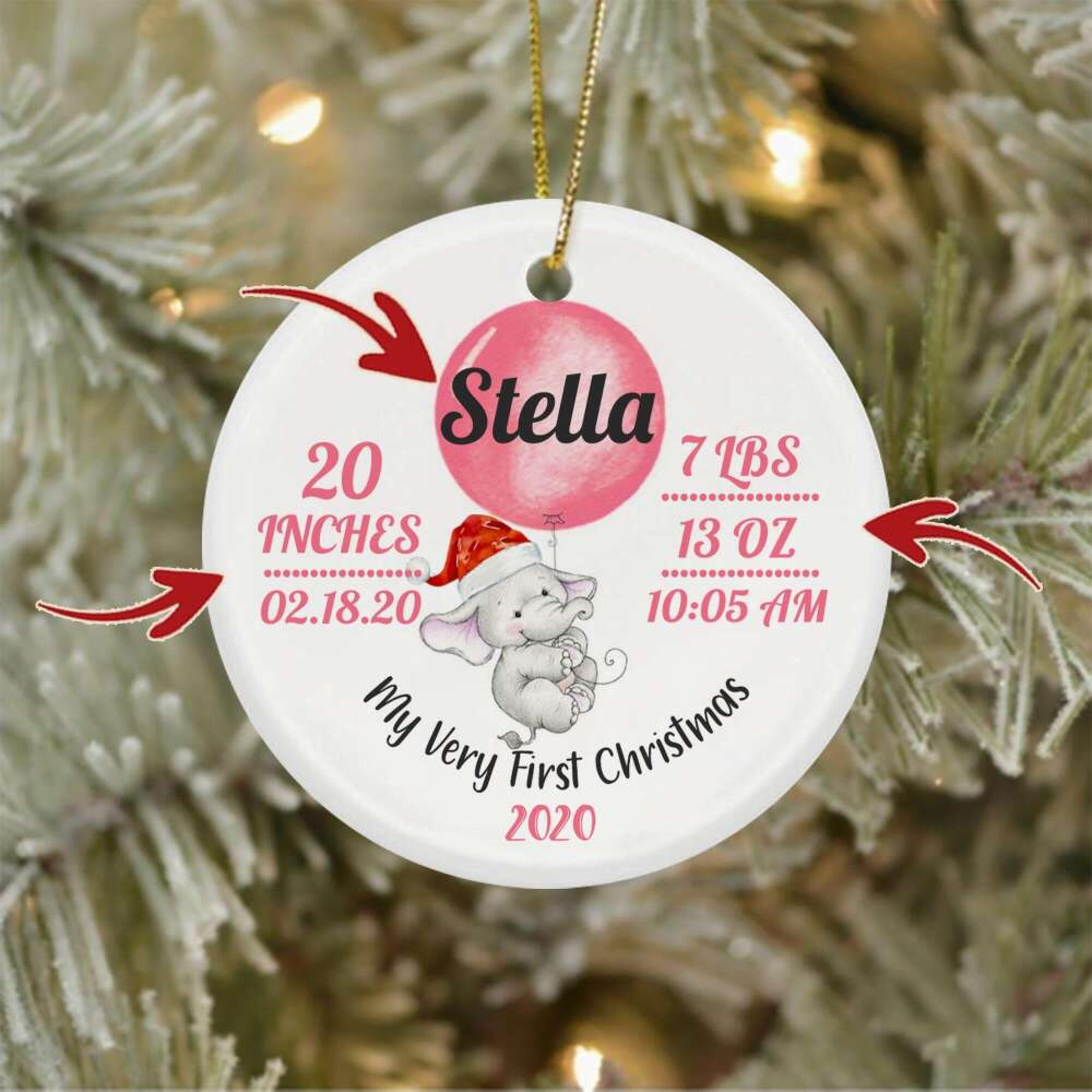 [Personalized Name, Date & Number] Elephant – My Very First Christmas, Baby Ornament Pink