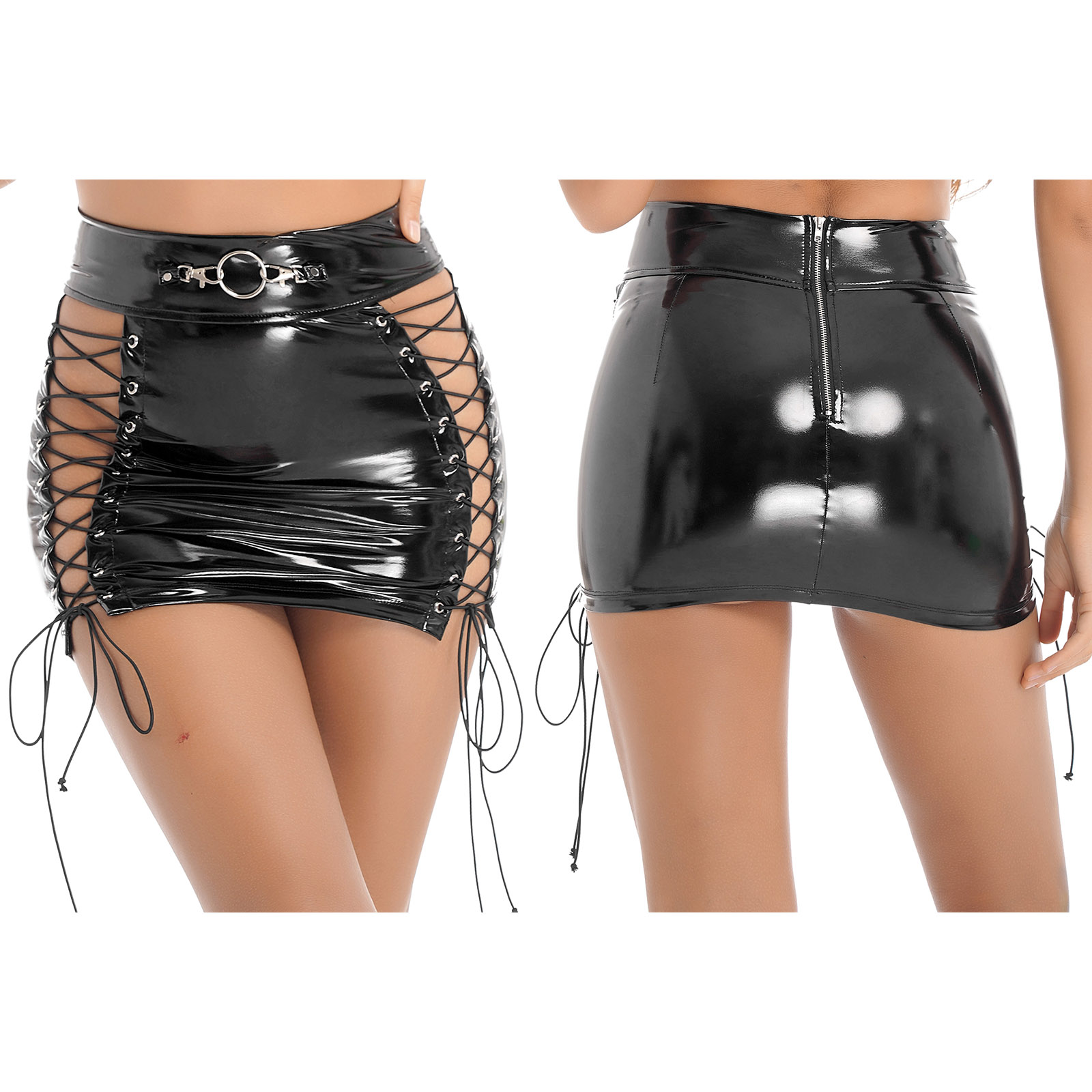 Women Latex Hollow Out Lace-up Mini Skirt Party Dance Gothic Clubwear Stage Show Costume Wetlook Patent Leather Pencil Skirts alx