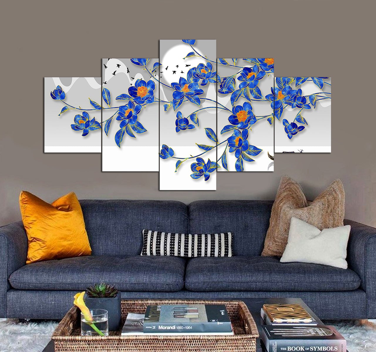 3d illustration of dazzling blue flowers and flying birds 3D 5 piece canvas art