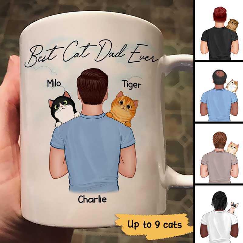 Dad Carrying Fluffy Cats On Shoulder Best Cat Dad Ever Personalized Mug