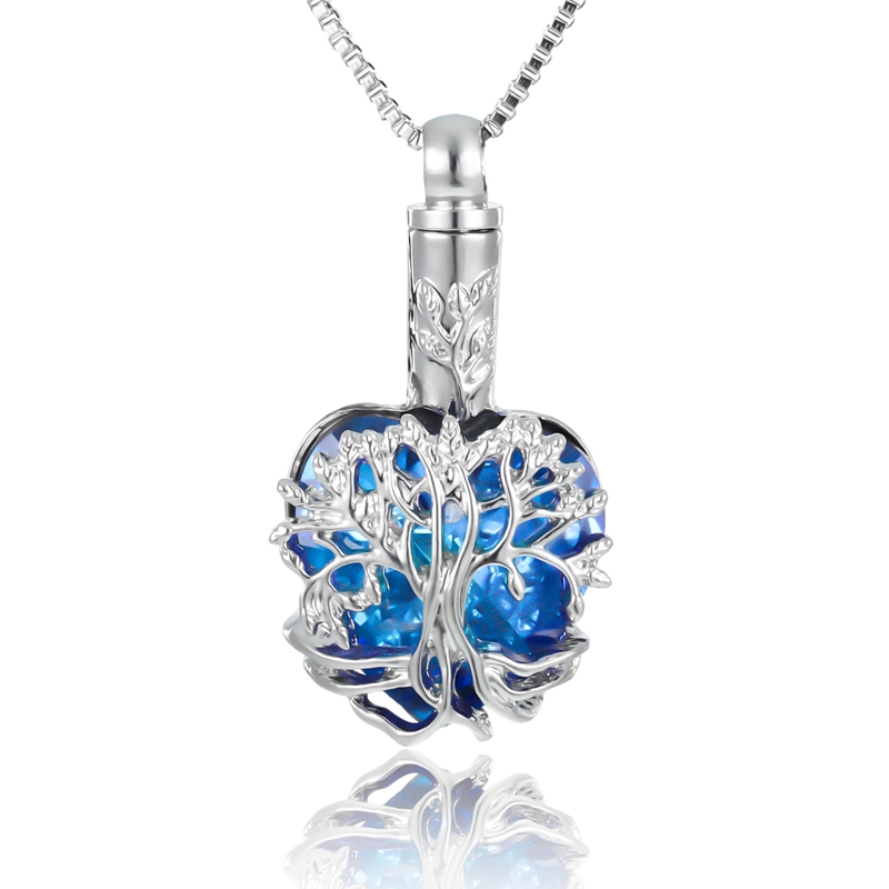 Blue Crystal Tree Of Life Urn Necklace For Ashes Creative Heart Pendant Necklace Cremation Jewelry Fashion alx