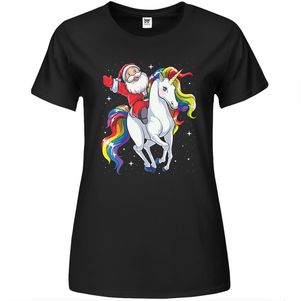 Santa Riding Unicorn Premium Womens T Shirts Christmas Gifts Rainbow Space Xmas T-Shirt Gifts Ideas Premium Womens T Shirts