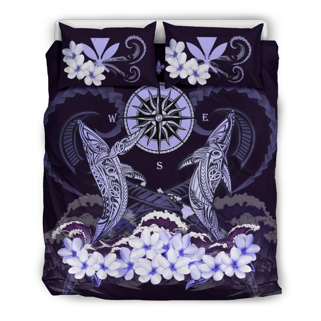 Alohawaii Bedding Set – Cover And Pillow Cases Hawaii – Shark Polynesia Compass Plumeria Purple A24