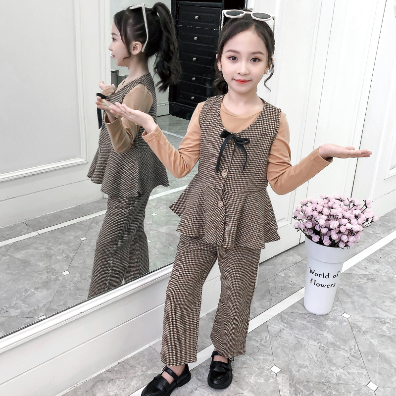 Teenage Girls Clothing Sets 2021 Spring Plaid Vest T-shirts Pants 3pcs Suit for Girls Clothes Fashion Kids Costume alx