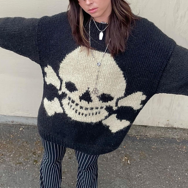 Xingqing Goth Sweater Women Skull Print Long Sleeve Tops Punk Fairy Grunge Round Neck Knitted Clothes 2000s E Girl Pullovers alx