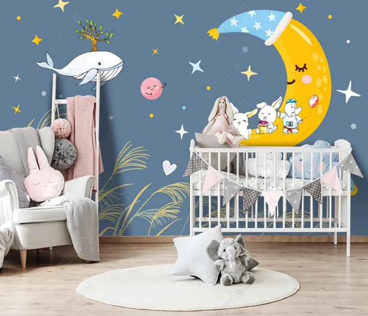 3D  Hand-Painted Cartoon  Animal  Starry Sky Wall Mural Wallpaper Sww1321