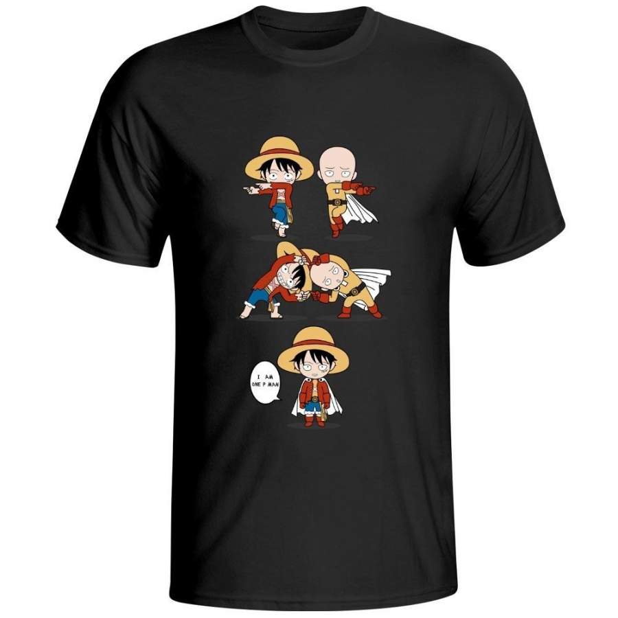 Monkey D Luffy Loves Saitama T Shirt Anime One Piece Crossover One Punch Man T-Shirt Cracking Cool Design 100% Cotton Black Tee