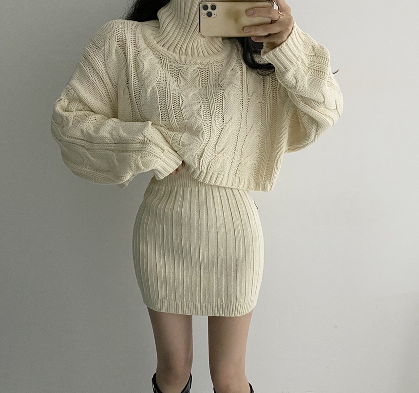 Two Picecs Set Women Korean Chic Autumn and Winter Hemp Flower High Neck Short Sweater + Bodycon Knitted Skirt Suit alx