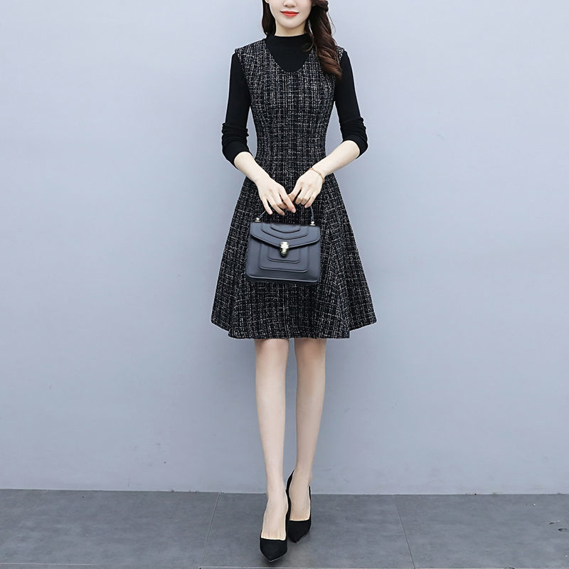 Autumn Winter Two Piece Set Dress Women Sweater Tops Plaid Woolen Spaghetti Strap Dresses Suit Knee-Length Vestidos Outfits E488 alx