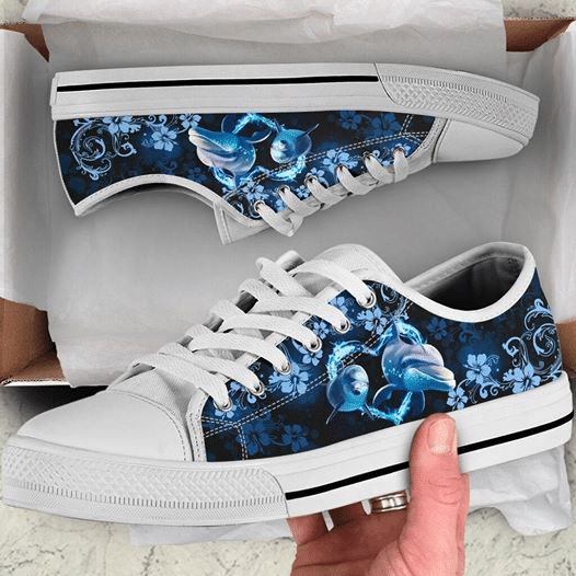 Dolphin Flower Ocean Birthday Gift Fashion White Canvas Low Top Shoes