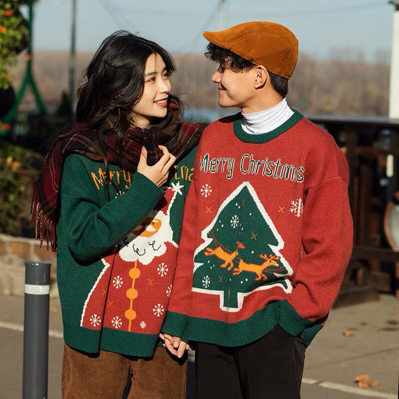 Women Sweater Christmas Couple Sweater Red Green O-Neck Long Sleeve Casual Knitted Sweater Men Pullover jumper alx