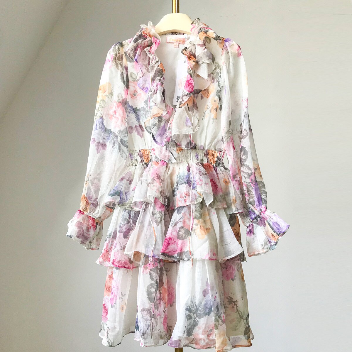 Boho Vacation Ladies Fairy Chiffon Floral Print Long Sleeve Elastic Waist Tiered Layered Short Mini Dress Sundress Plus Size alx