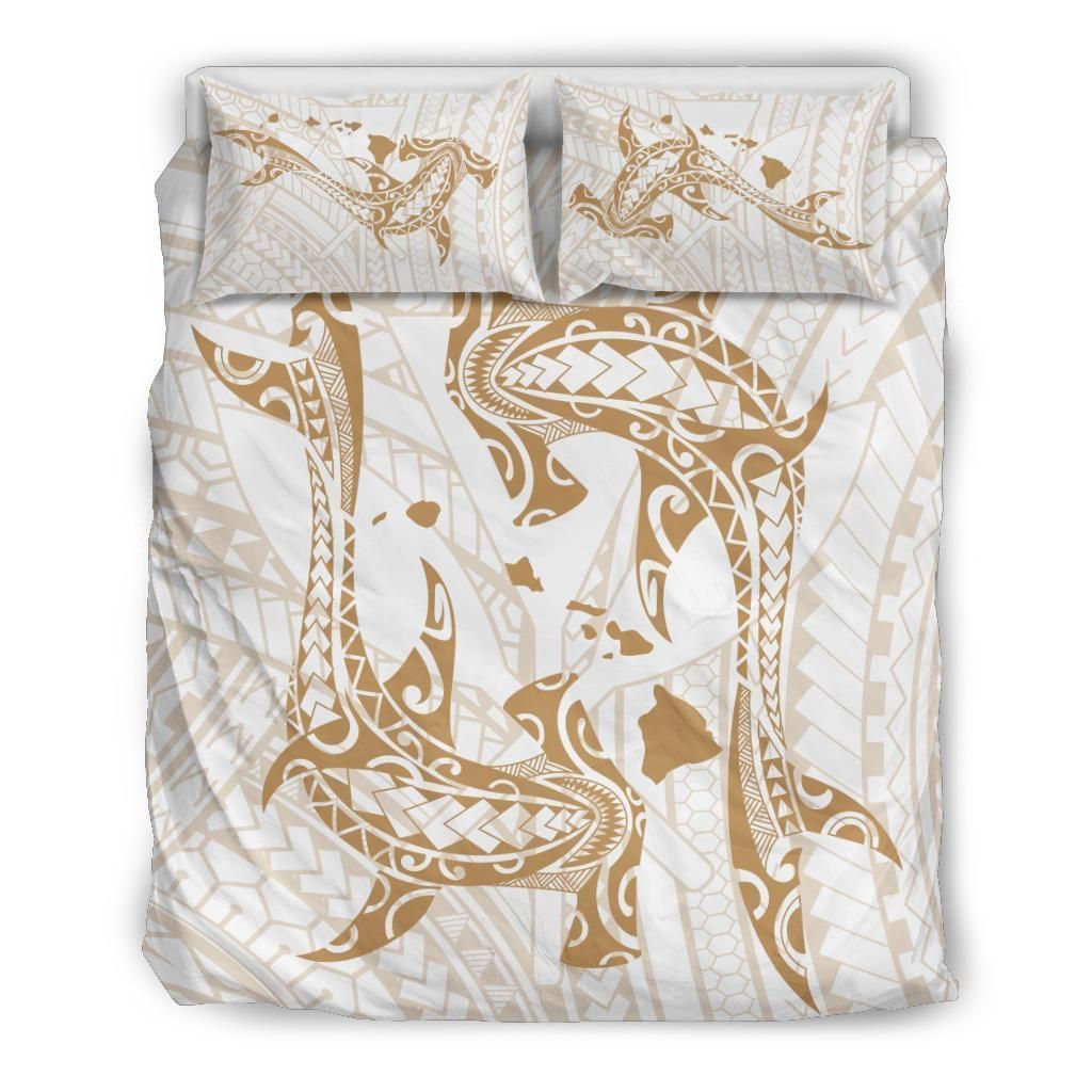 Alohawaii Bedding Set – Cover And Pillow Cases Hawaiian Map Hamerhead Shark Yin Yang Polynesian – White – Ah J9