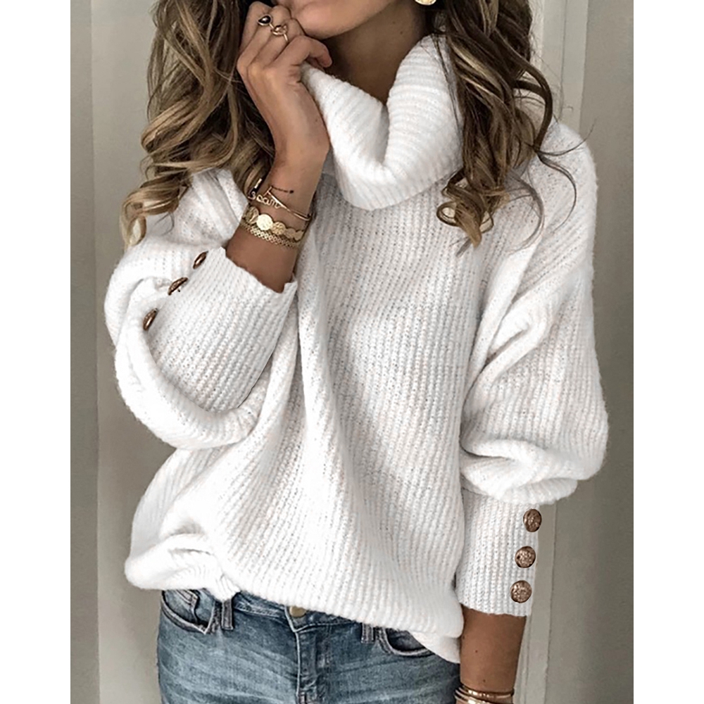 2022 Women Turtle Neck Buttoned Lantern Long Sleeve Sweater Fashion Casual Knitted Ribbed Tops Lady Oversized Winter Clothing alx