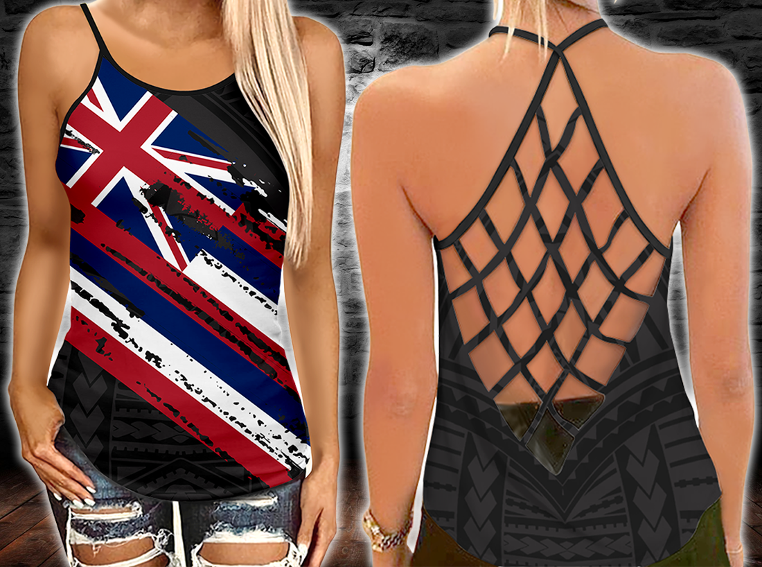 Hawaii Flag Polynesian Black Pattern Criss-Cross Tanktop