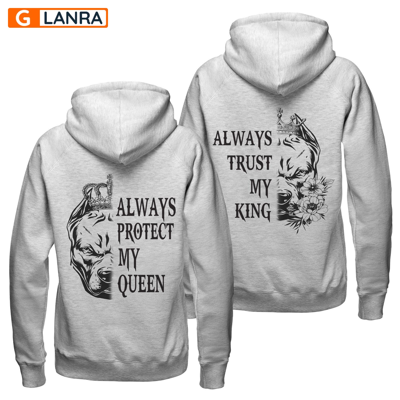 Always Protect My Queen Always Trust My King Hoodie, Pitbull Couple Hoodie, Dog Couple Hoodie, Husband Wife Hoodie, Unisex Sweater, Sweatshirt