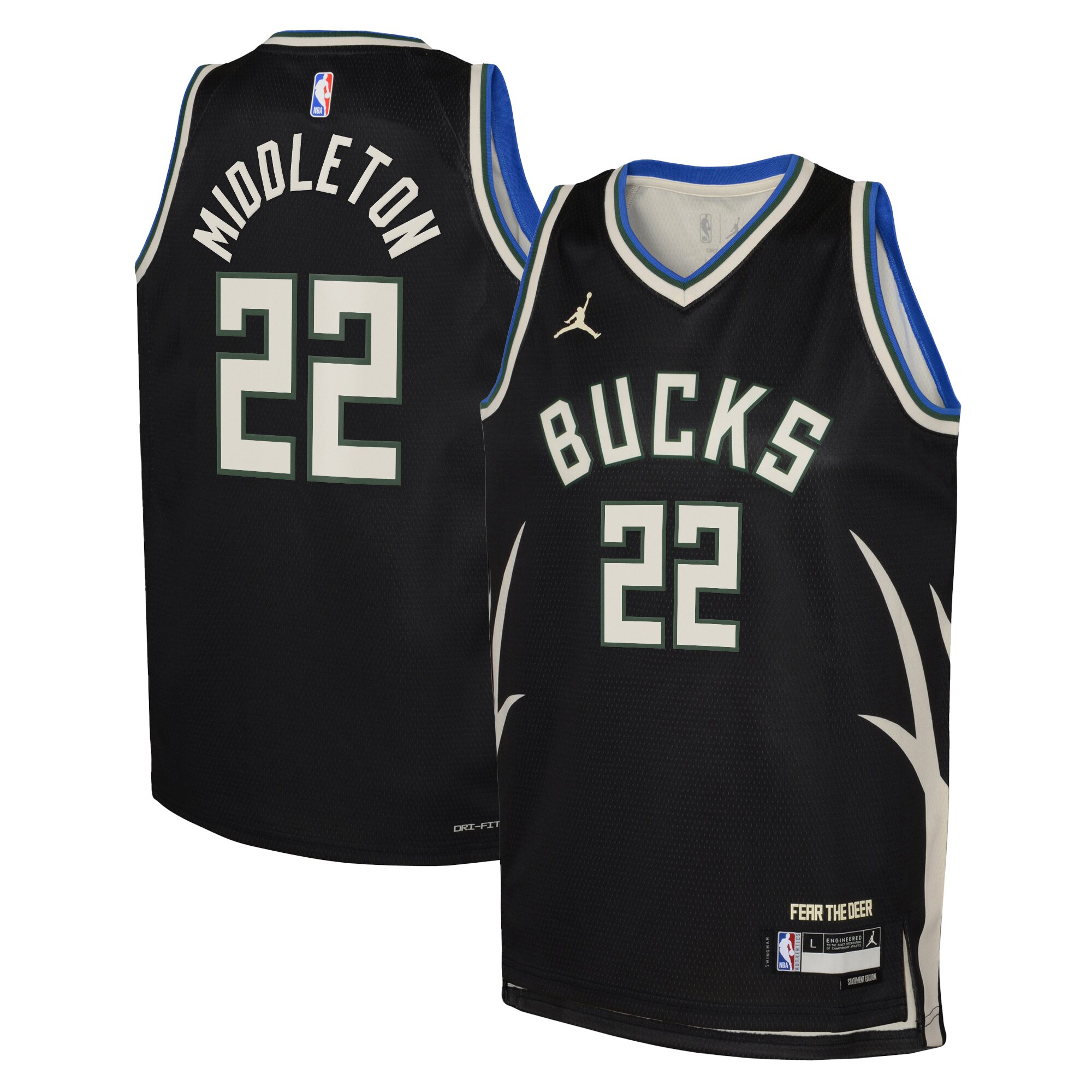 Milwaukee Bucks Jordan Statement Edition Swingman Jersey 22 – Black – Khris Middleton – Youth