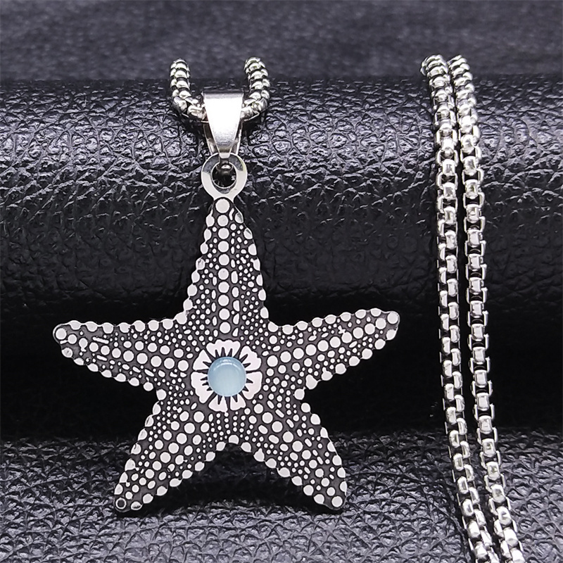 Bohemia Green Stone Starfish Stainless Steel Necklace for Women Sea Star Necklaces Ocean Beach Jewelry collier inoxydable N3602S alx