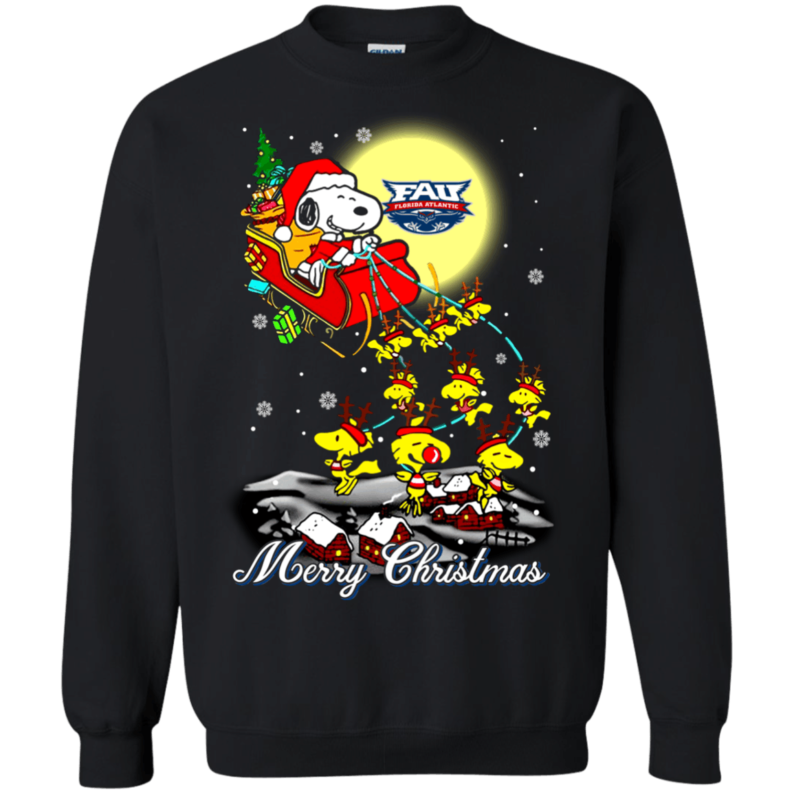 Fantastic Florida Atlantic Owls Snoopy Ugly Christmas Sweaters Santa Claus With Sleigh Sweatshirts